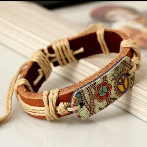 Leather and Hemp Peace Sign Adjustable Bracelet